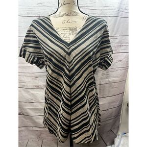 Andrea Jovine Black & Tan‎ Striped V-Neck Short Sleeve Dress Size M